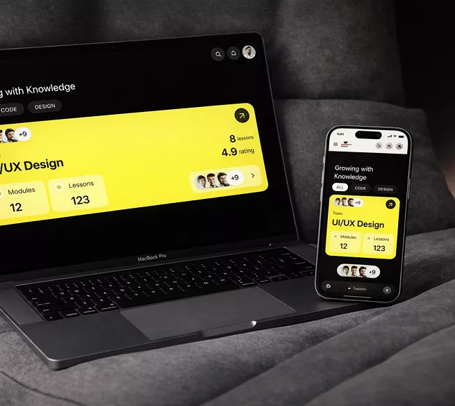 A MacBook Pro and iPhone displaying a dark-themed e-learning app called "Growing with Knowledge," featuring a bold yellow UI/UX Design course card with 12 modules and 123 lessons.